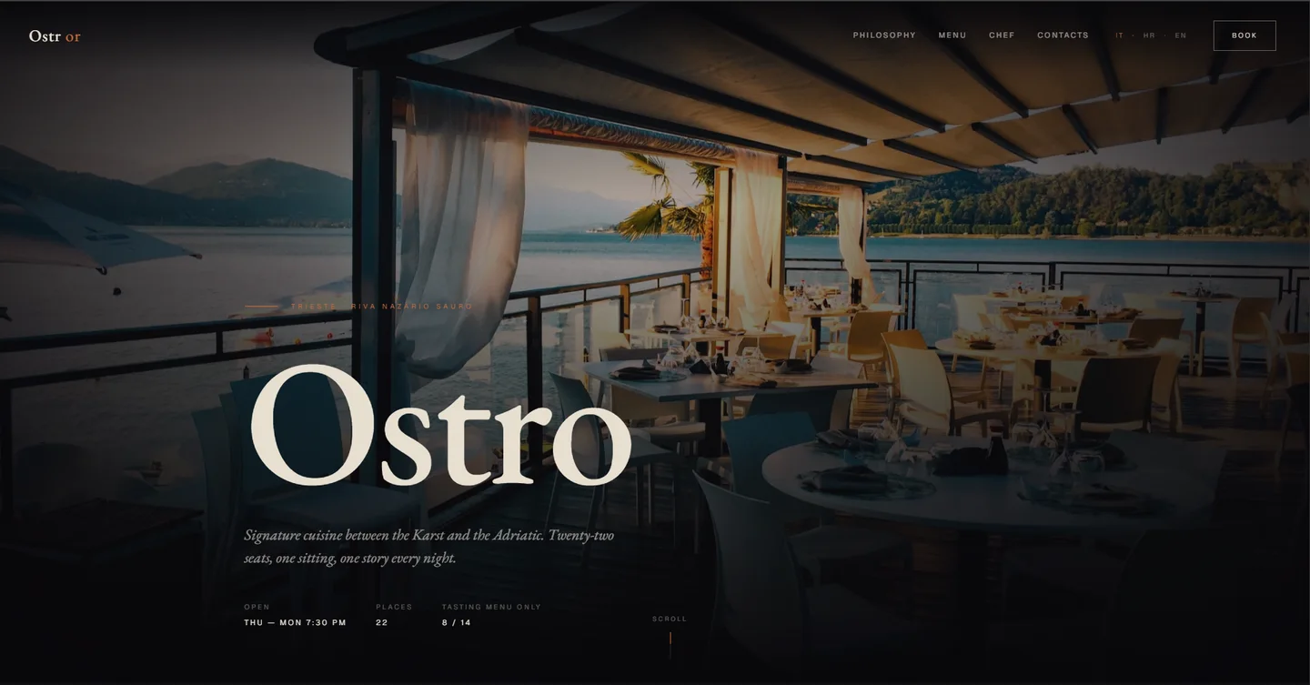Vizualni predložak Òstro s terasom restorana uz more.