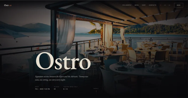 Vizualni predložak Òstro s terasom restorana uz more.